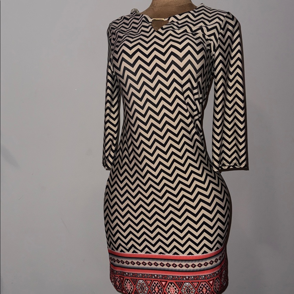 Tacera Chevron Long Sleeve Dress with Orange Trim